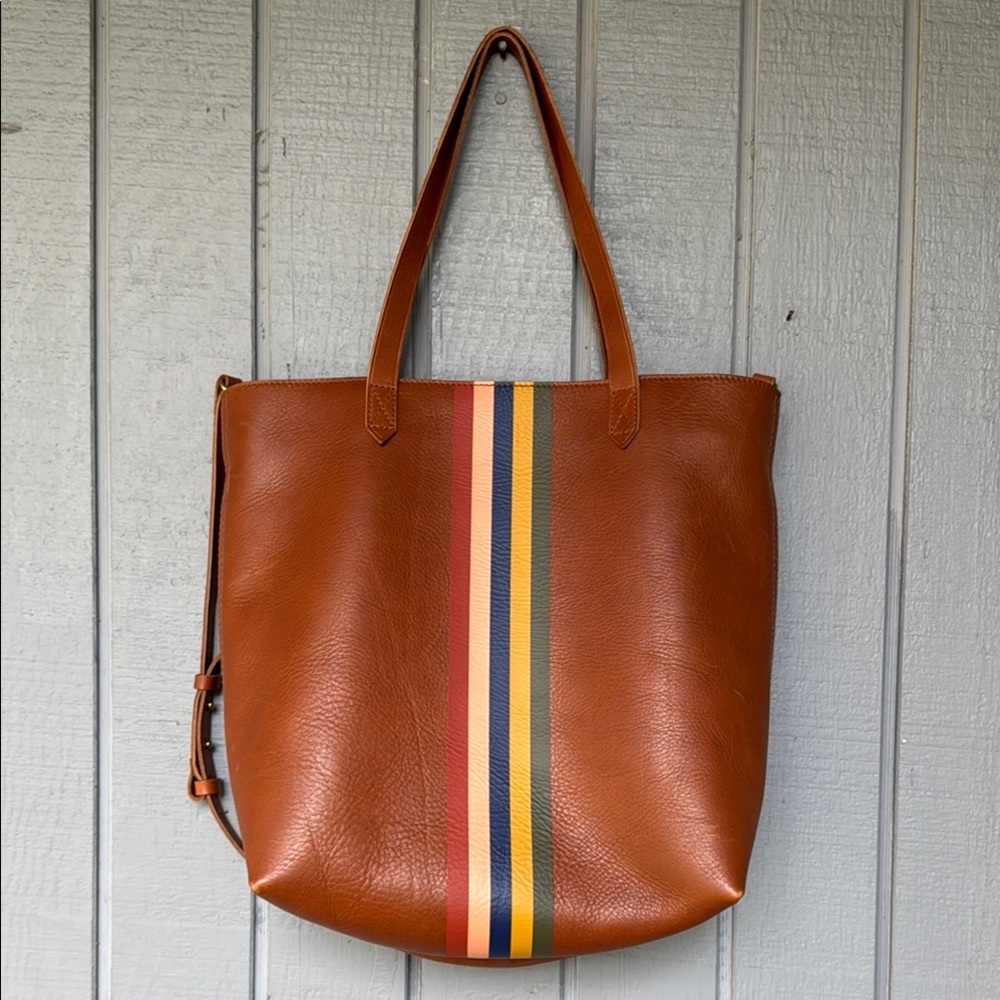 Madewell Cognac Leather Tote with Multicolor Center Stripe